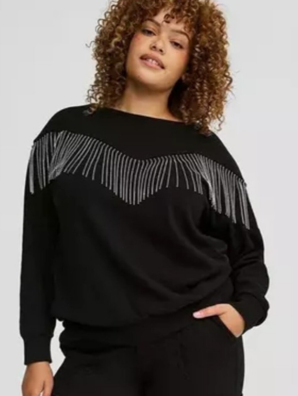 NWT Drop Shoulder Rhinestone Fringe Sweatshirt